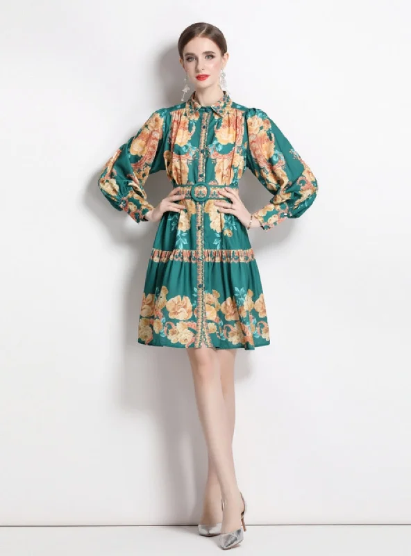 Vintage Printed Lantern Sleeve V-neck Dress Retro floral dresses