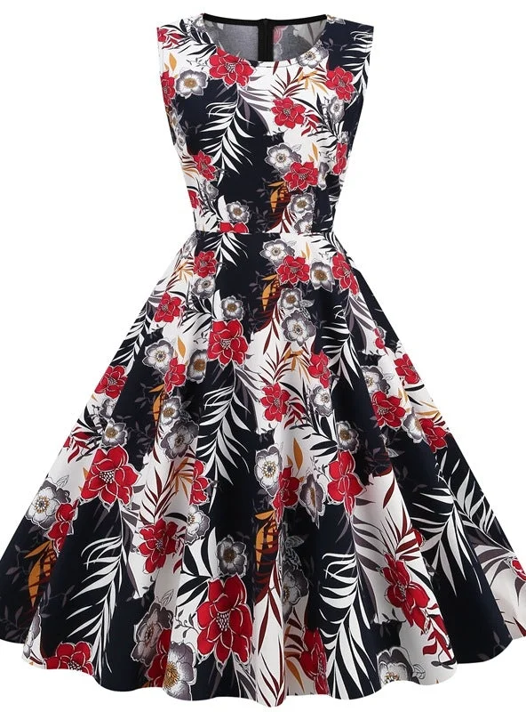 Women Round Neck Sleeveless Retro Print Dress High-end floral dresses