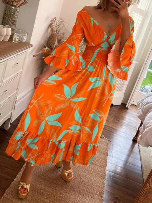 Women's Dresses Bohemian Print V-Neck Ruffle Dress Best floral dresses for hourglass body shape