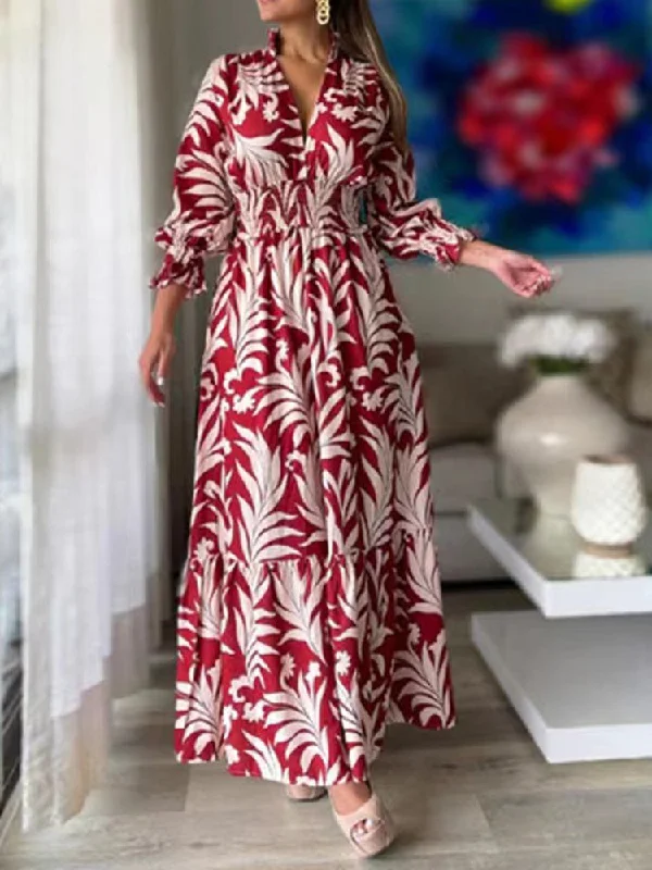 Women's Dresses Boho Print Elastic Waist Long Sleeve Dress A-line floral dresses