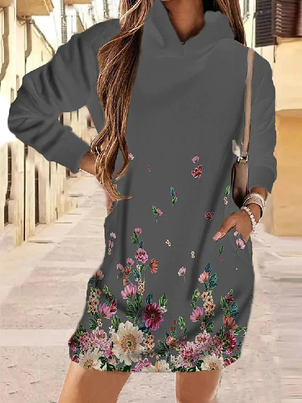 Women's Dresses Floral Print Pocket Long Sleeve Hooded Dress Midi floral dresses