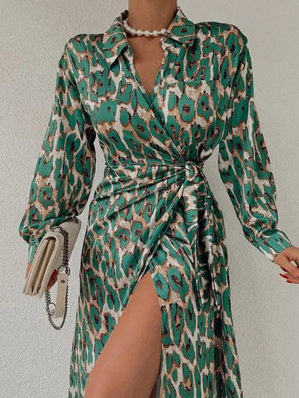 Women's Dresses Leopard Print Lapel Tie Long Sleeve Slit Dress Cotton floral dresses