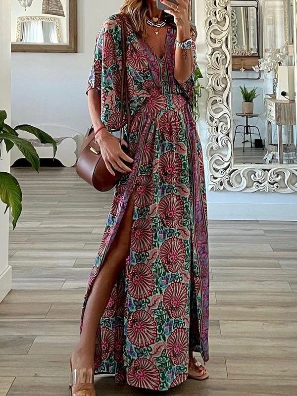 Women's Dresses Loose Boho Print V-Neck Slit Dress Luxury floral dresses