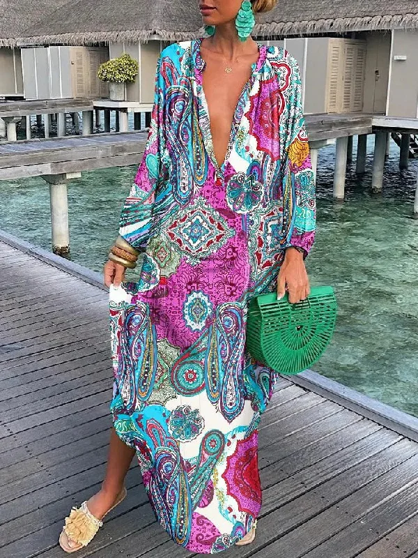 Women's Dresses Loose V-Neck Long Sleeve Print Dress Vintage floral dresses