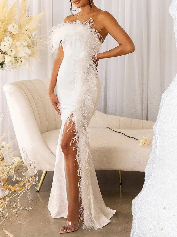 Women's Dresses One-Shoulder Feather Slit Dress Cotton unclassified dresses