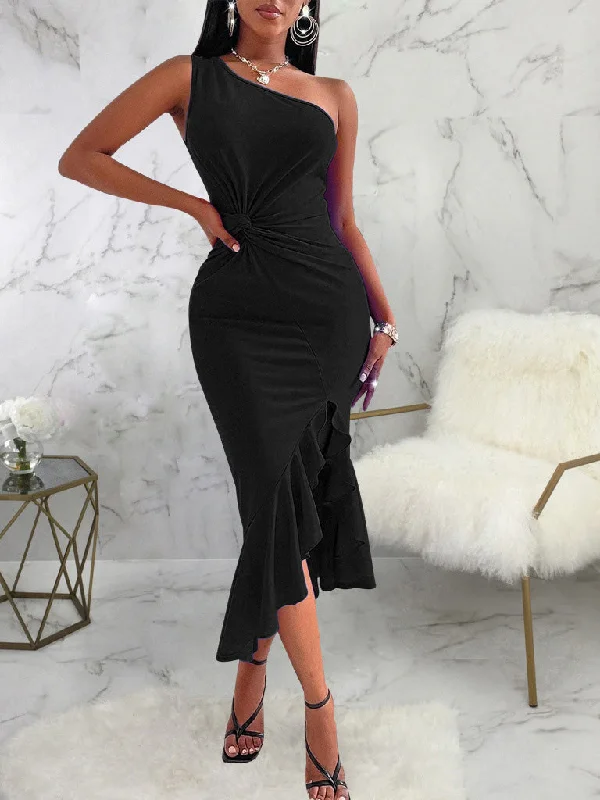 Women's Dresses One-Shoulder Open-Back Ruffle Dress Bright color unclassified dresses