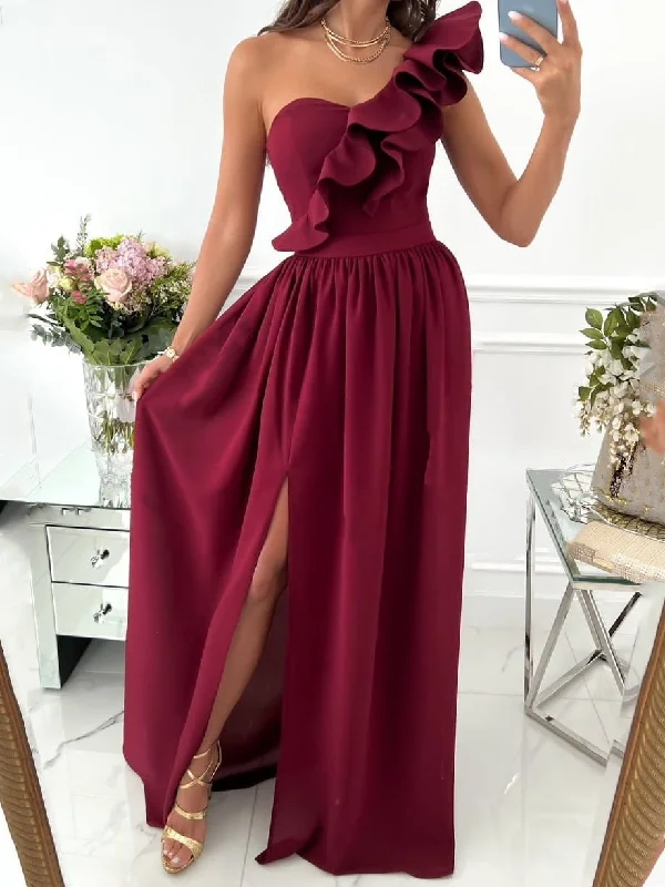 Women's Dresses One Shoulder Ruffle Sleeveless Slit Dress Trendy unclassified dresses