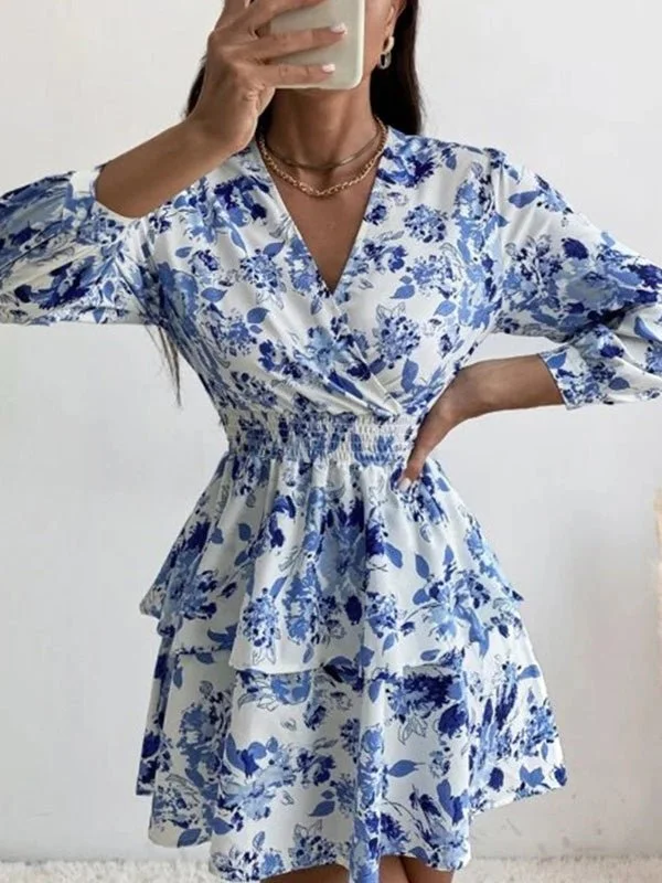 Women's Dresses Printed V-Neck Elastic Waist Long Sleeve Dress Floral dresses under $50