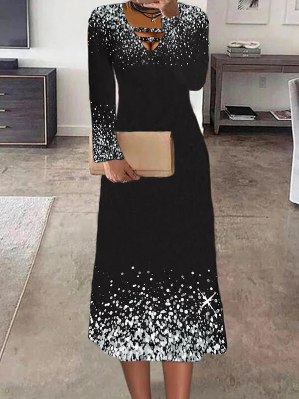 Women's Dresses Printed V-Neck Long Sleeve Dress Satin floral dresses