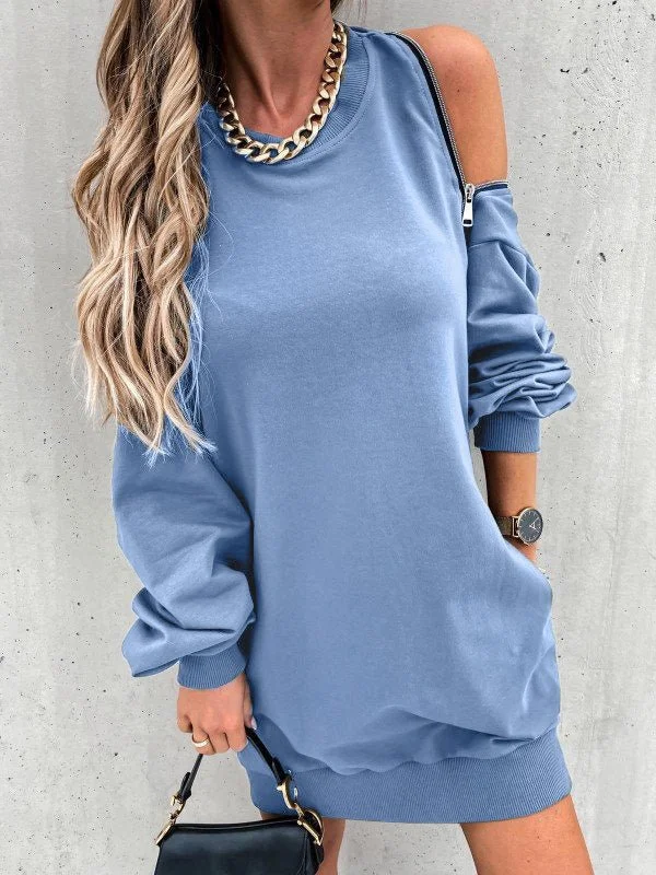 Women's Dresses Round Neck Zip Off Shoulder Pocket Dress Popular unclassified dresses