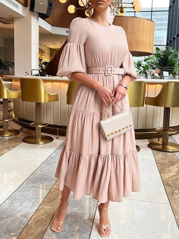 Women's Dresses Solid Puff Sleeve Belt Ruffle Dress Y2K unclassified dresses