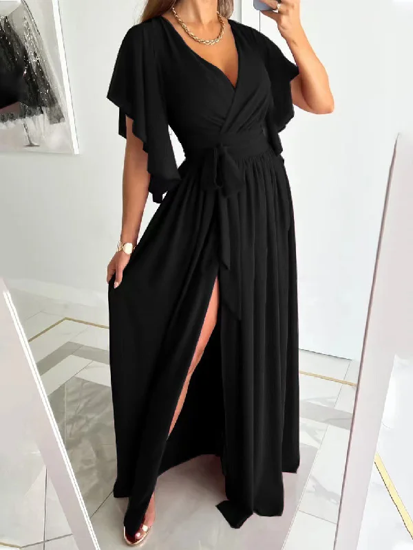 Women's Dresses Solid V-Neck Flared Sleeve Slit Dress Festival unclassified dresses