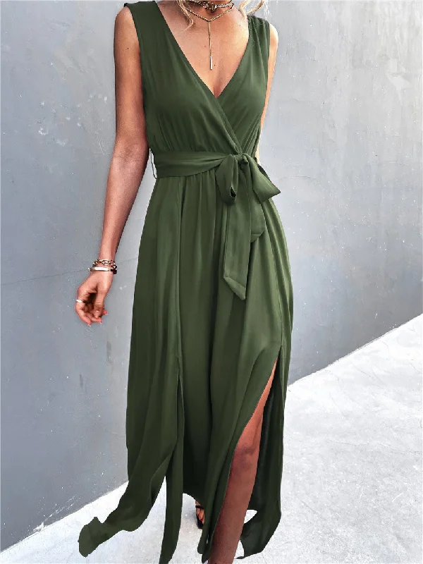 Women's Dresses V-Neck Belted Sleeveless Slit Dress Wrap unclassified dresses