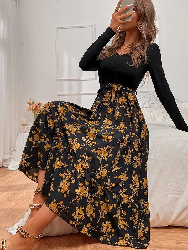 Women's Dresses V-Neck Print Panel Long Sleeve Dress Discounted floral dresses