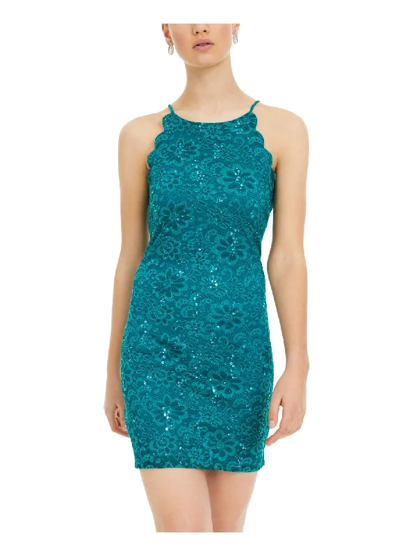 BCX DRESS Womens Green Lace Sequined Sleeveless Halter Short Evening Shift Dress Elegant Lace Design