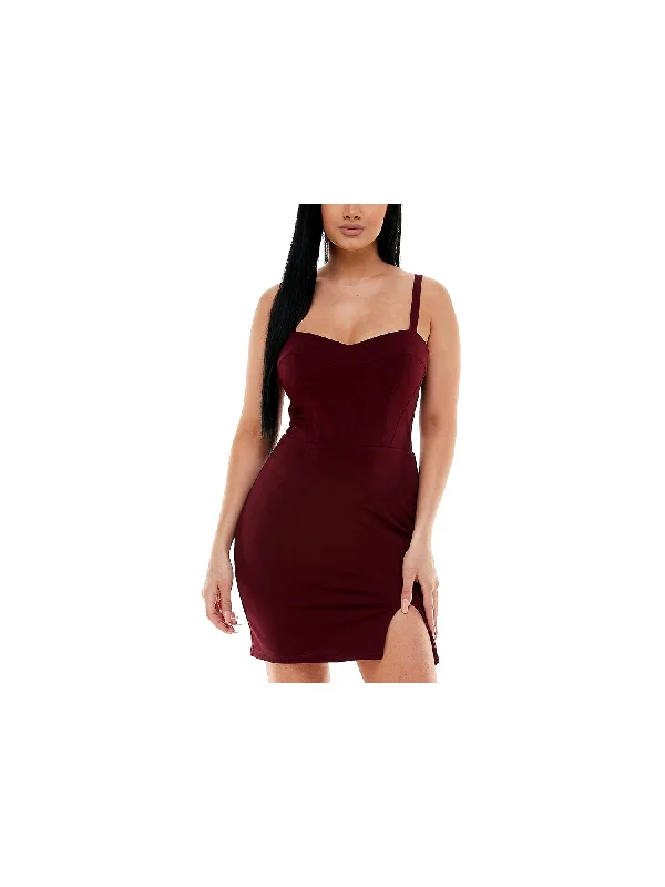 CITY STUDIO Womens Burgundy Stretch Zippered Slitted Darted Lace-up Back Sleeveless Sweetheart Neckline Short Evening Sheath Dress Floral Lace Dress