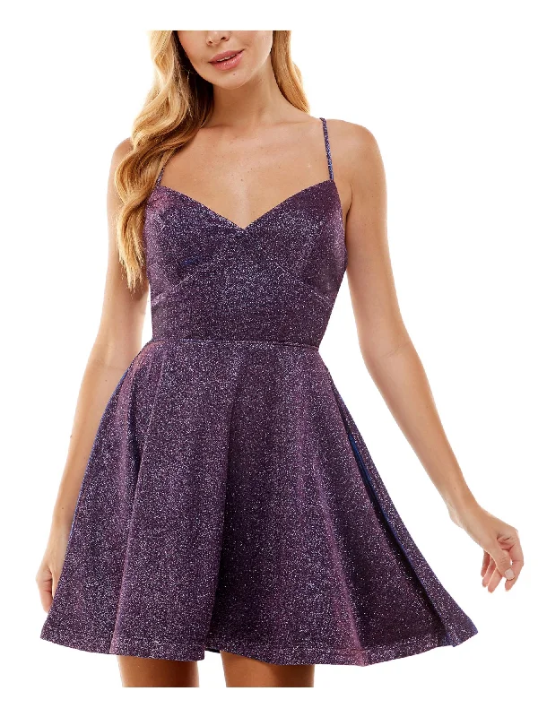 CITY STUDIO Womens Purple Zippered Lined Lace-up Open Back Sleeveless V Neck Short Party Fit + Flare Dress Off-the-shoulder Lace