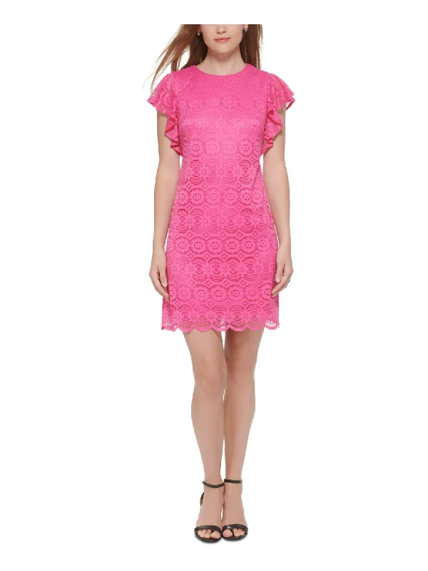 JESSICA HOWARD Womens Pink Zippered Scalloped Lace Keyhole Back Sheer Floral Flutter Sleeve Round Neck Above The Knee Sheath Dress Sheer Lace Dress