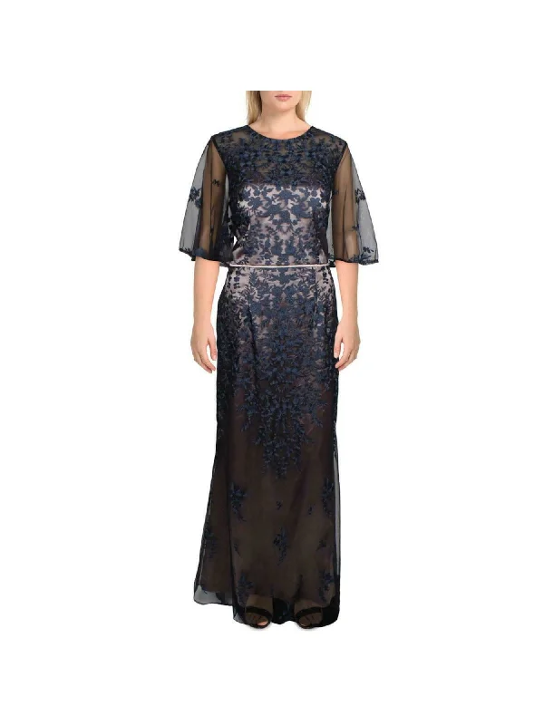 JS COLLECTION Womens Navy Embroidered Zippered Elbow Bell-sleeve Lace Floral Crew Neck Full-Length Formal Dress Satin Lace Dress