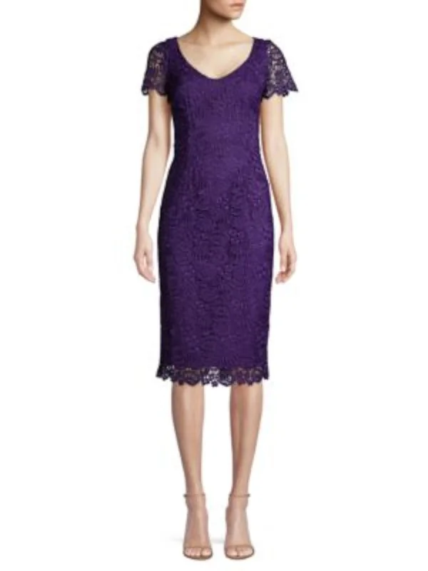 TRINA TURK Womens Purple Lace Floral Short Sleeve V Neck Knee Length Party Sheath Dress Lace Dress Day