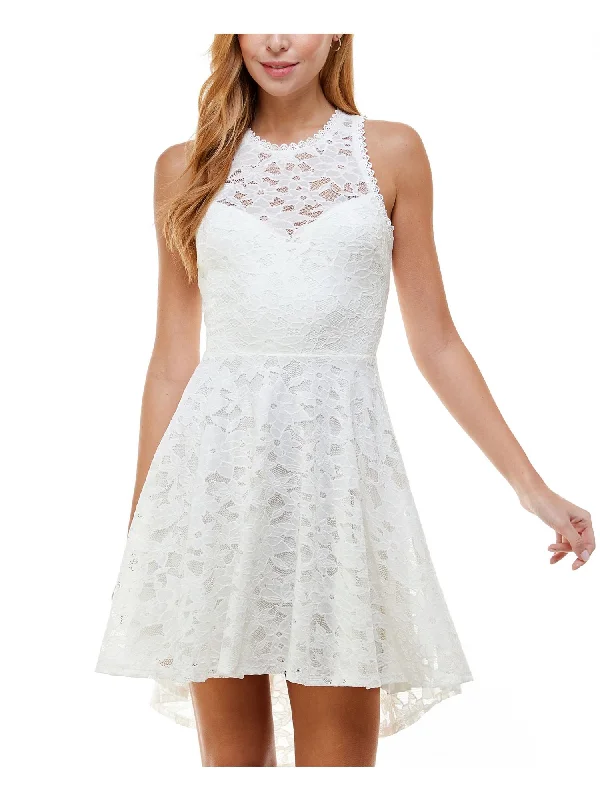 CITY STUDIO Womens White Lace High-low Sleeveless Jewel Neck Short Party Fit + Flare Dress Lace Detail Dress