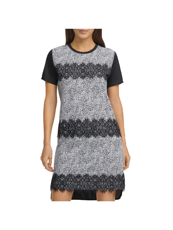 DKNY Womens Black Lace Fringed Short Sleeve Crew Neck Knee Length Evening Hi-Lo Dress Lace Dress Lace