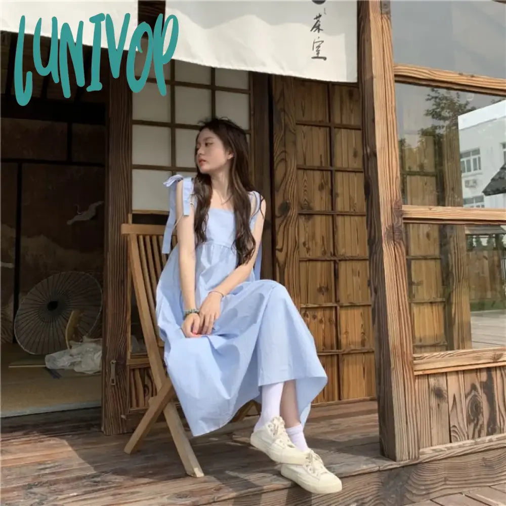 Lunivop Japanese Style Y2k Blue Slip Dress Women Fairycore Summer Vacation Dresses Cute Sweet Lace Up Sleeveless Loose Vestidos Long Sleeve Lace Dress