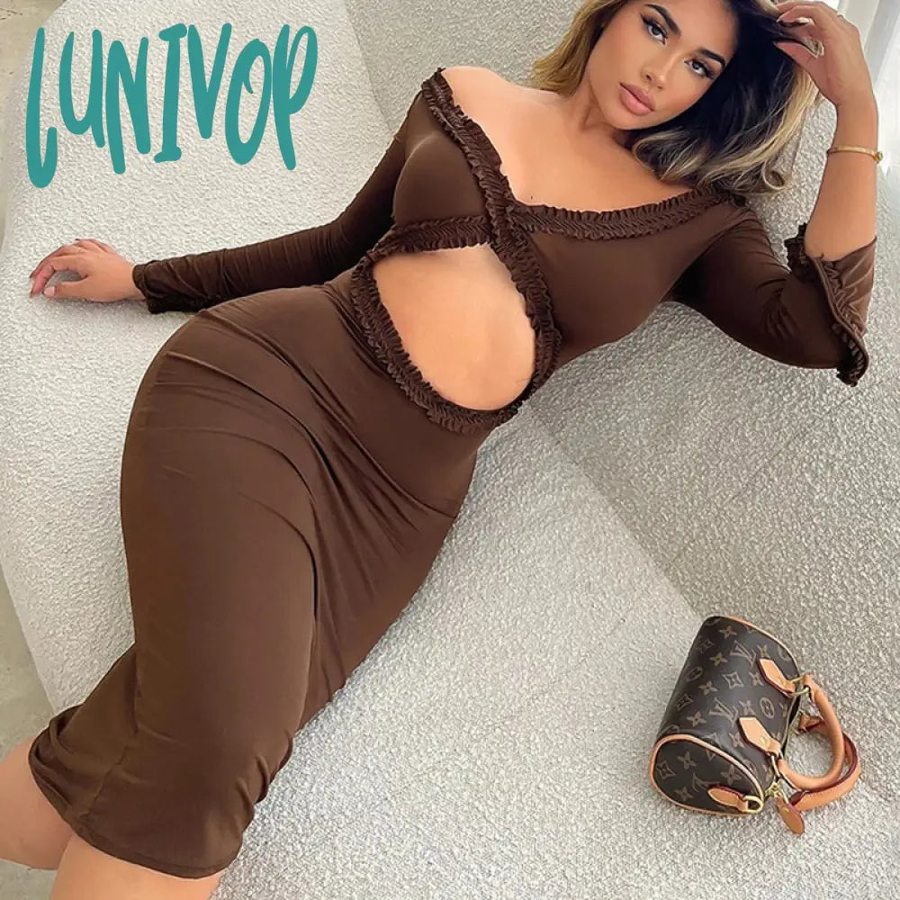 Lunivop V Neck Sexy Hollow Out Ruched Lace Dress Women's Elegant Slim Dress Fill Sleeve Femme Holiday Beach Evening Dress Ladies Sexy Lace Dress