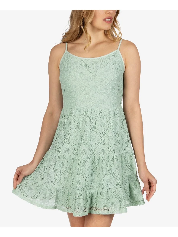 SPEECHLESS Womens Green Lace Ruffled Spaghetti Strap Jewel Neck Short Dress Lace Wedding Dress