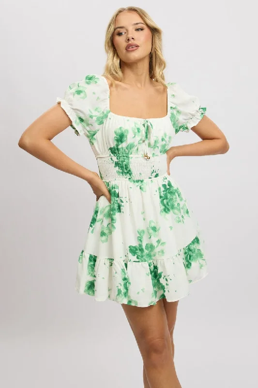 Green Floral Fit And Flare Dress Mini Vintage Pleated Skirt