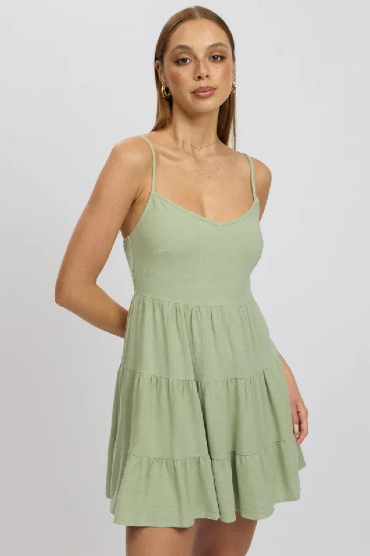 Green Mini Dress Tiered Strappy Lace Mini Skirt