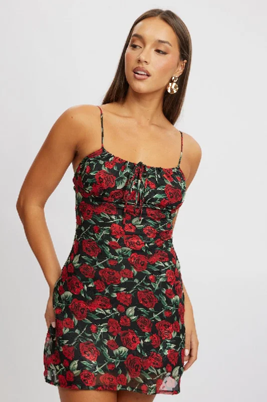 Red Floral Mini Dress Bias Button-down Mini Skirt