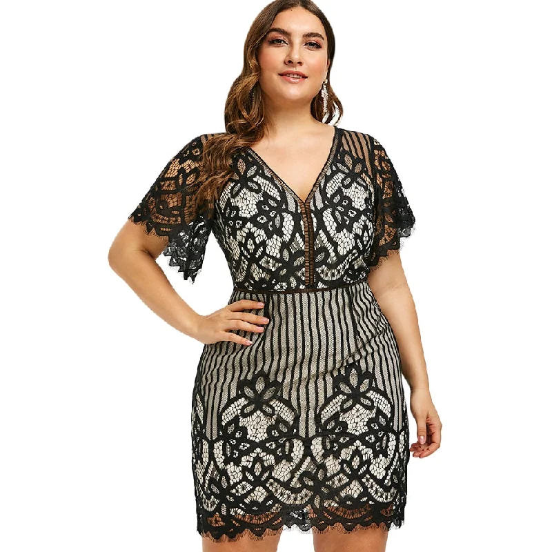 Plus Size Lace Plunge Mini Fitted Dress Summer Short Sleeves V-Neck High Waist Stripe Women Party Dress Bodycon Vestidos Distressed Mini Skirt