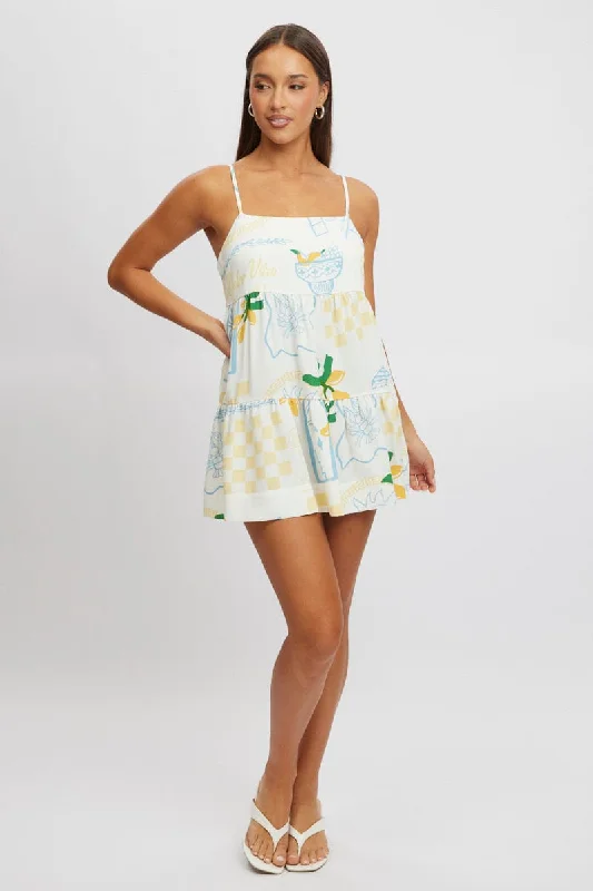 Yellow Abstract Swing Dress Mini Mini Skirt Party