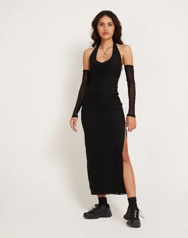 Asmala Halterneck Maxi Dress and Sleeve Set in Black Mesh Maxi Skirt Trendy