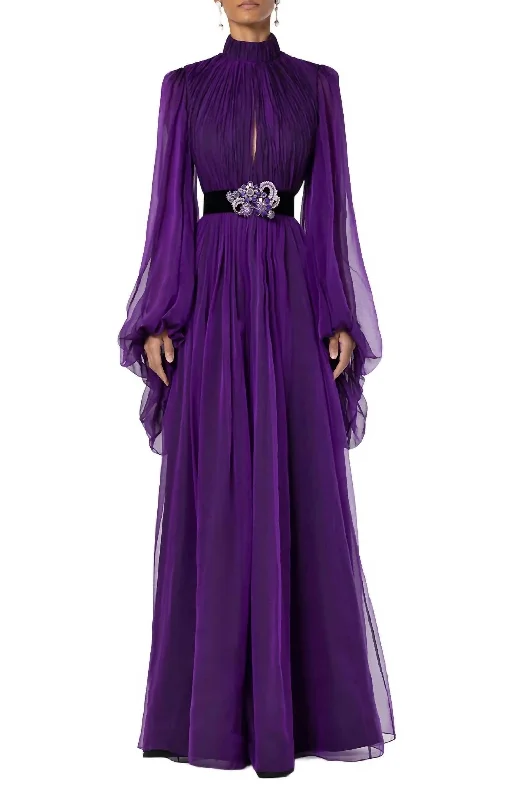 Long Sleeve Chiffon High Neck Gown In Purple Maxi Skirt Party