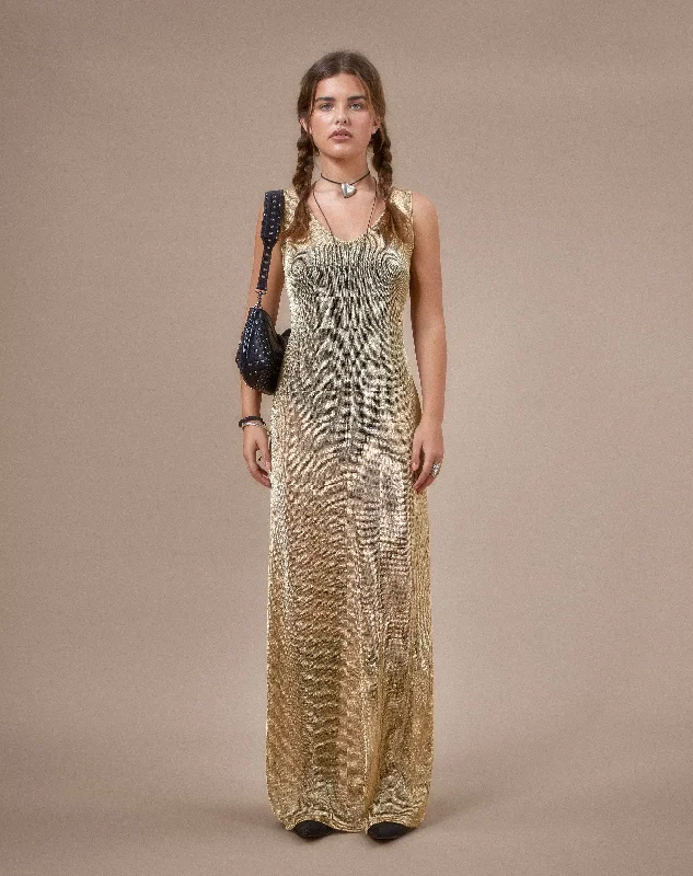 Morticia Maxi Dress in Chain Knit Gold Midi Maxi Outfit