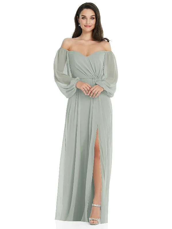 Off-the-Shoulder Puff Sleeve Maxi Dress with Front Slit Soft Ruffled Maxi