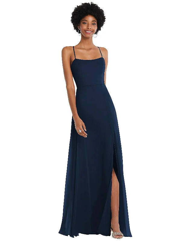 Scoop Neck Convertible Tie-Strap Maxi Dress with Front Slit Elegant Long Skirt