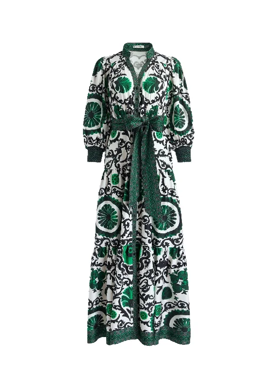 Alice + Olivia Cora Voluminous Tiered Midi Shirtdress, Monarch Light Emerald Medium Midi Skirt Print