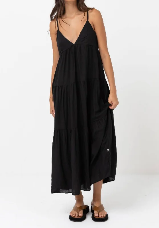 Classic Tiered Midi Dress In Black Wool Midi Skirt