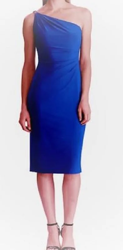 Ralph Lauren Women's Blue Sleeveless Asymmetrical Neckline Midi Sheath Party Dress Navy Size 12 Trendy Midi Look