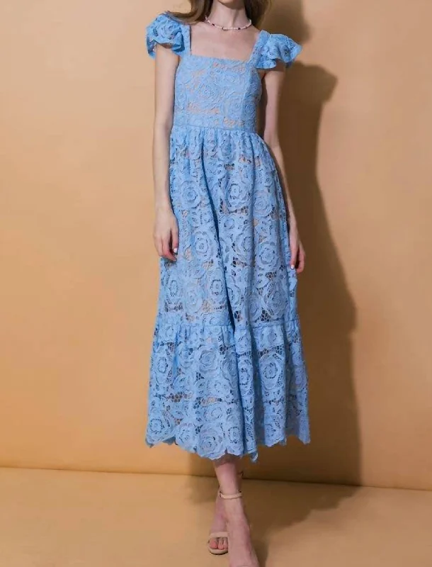 Solid Lace Midi Dress In Blue Tulle Midi Skirt