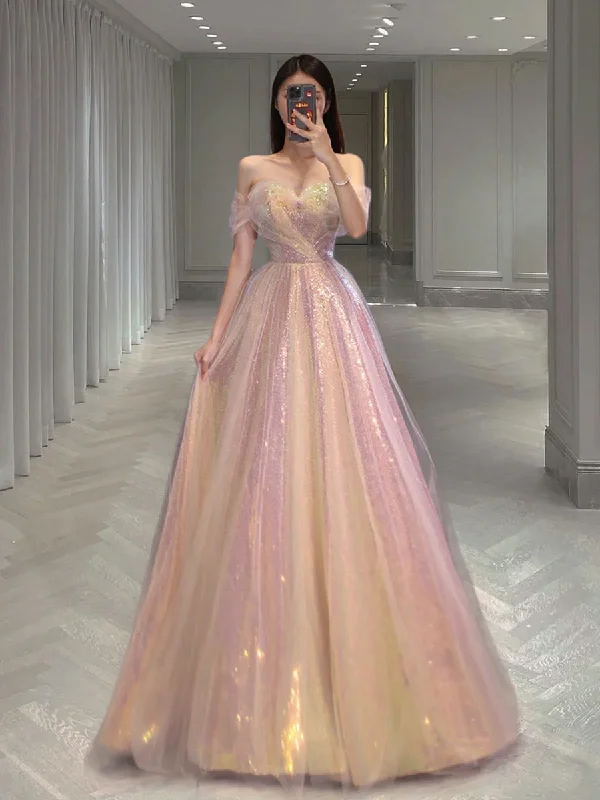 A Line Tulle Sequin Long Prom Dress, Off Shoulder Formal Graduation Dress Y1491 Pink Sequin Gown