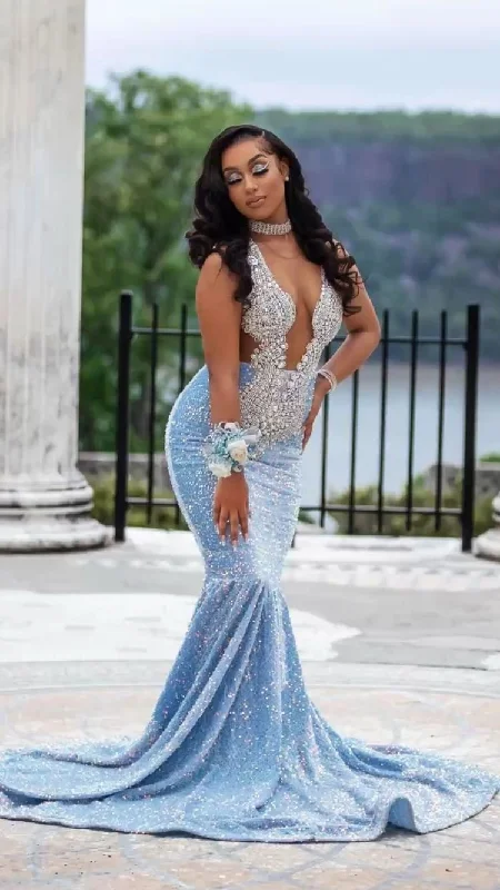 Blue Sequin Mermaid Prom Dress,African Prom Dress,Black Girls Prom Gown Y1497 All-Over Sequin Dress