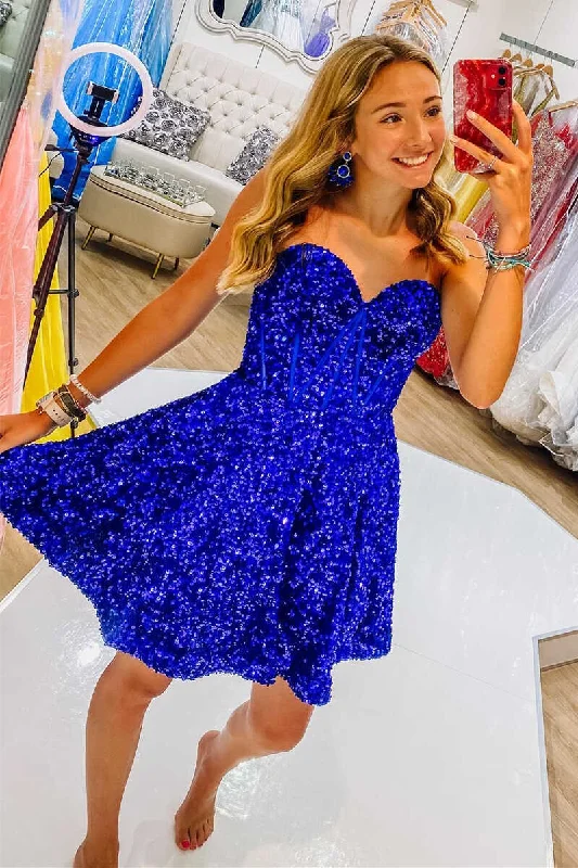 Blue Sequin Sweetheart A-Line Short Homecoming Dress Sequin Dress Outfit