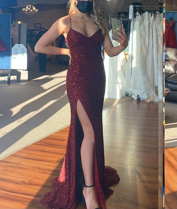 Burgundy Mermaid Sparkly Sequins Long Prom Dress Y1432 Sequin Dress Casual