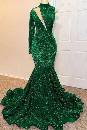 Fabulous Emerald Green Sequins Prom Dress Mermaid One Shoulder Long Sleeves Y1385 Sequin Gown Chic