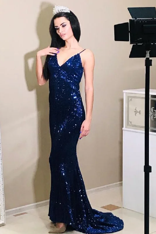 Gorgeous V Neck Mermaid Navy Blue Sequin Prom Dress Sequin Dress Glam