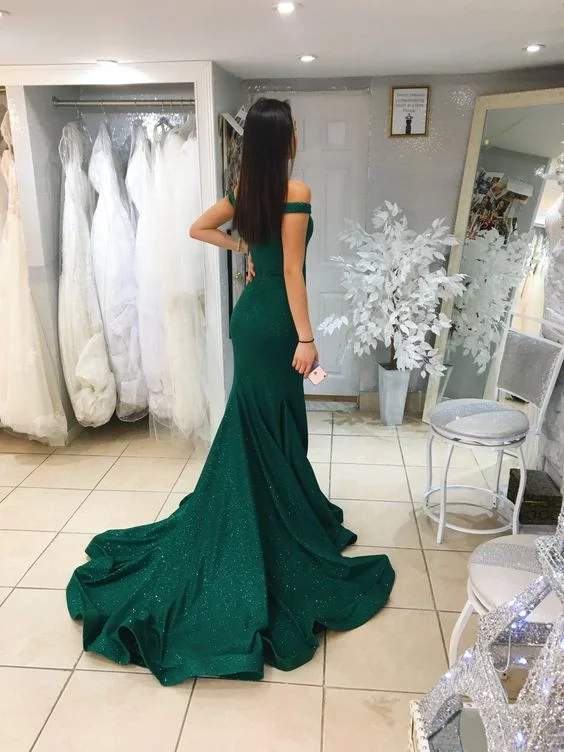 Green Mermaid Off-the-Shoulder Sweep Brush Chapel Train Sequins Prom Dress Y1354 Sequin Dress Long